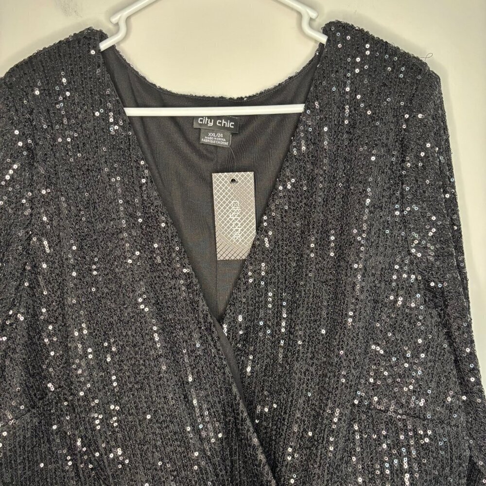 CITY CHIC NEW Dress Razzle Black Sequins Womens XXL 24 W Long Sleeve V-Neck Wrap